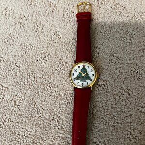 Vintage Christmas Tree Watch with red leather band.